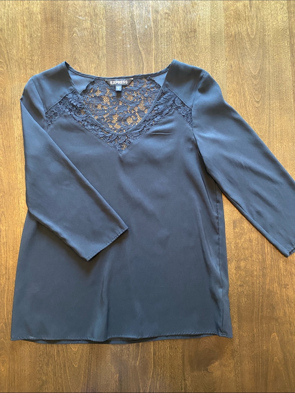 Express Black Lace-Trim V-Neck 3/4 sleeve Blouse